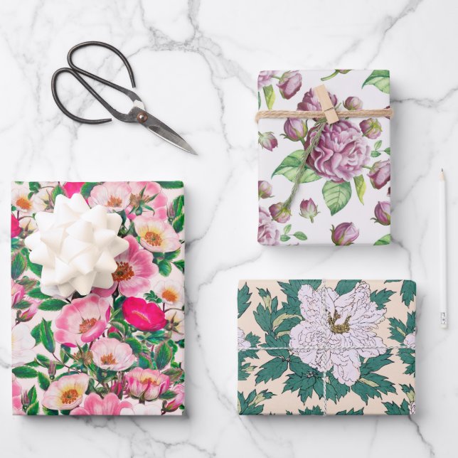 Rosehip Camellia & Peony Flowers Wrapping Paper Sheets (Front)