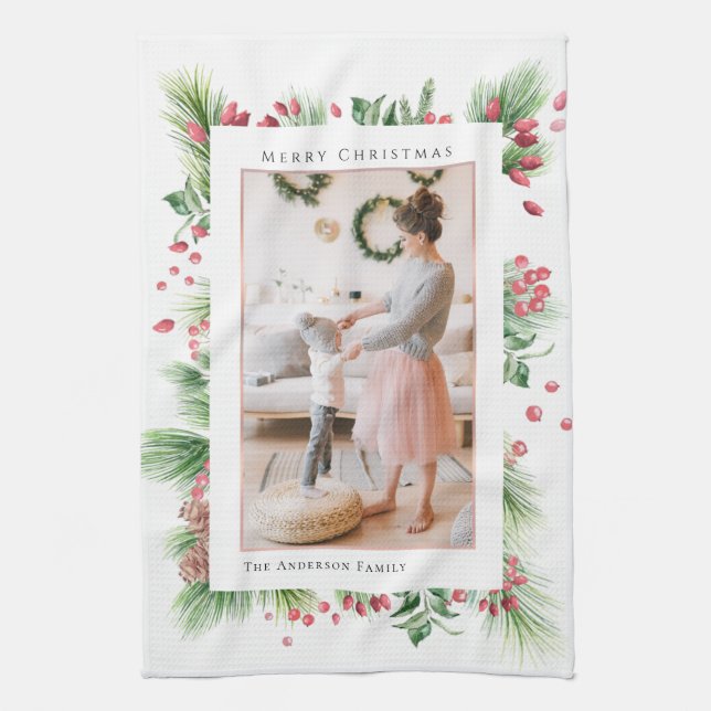 Rosehips & Holly Berries Christmas Greenery Photo Kitchen Towel (Vertical)