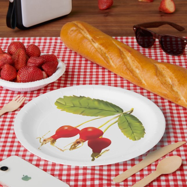 Rosehips Pattern Red Sides Paper Plates (Picnic)