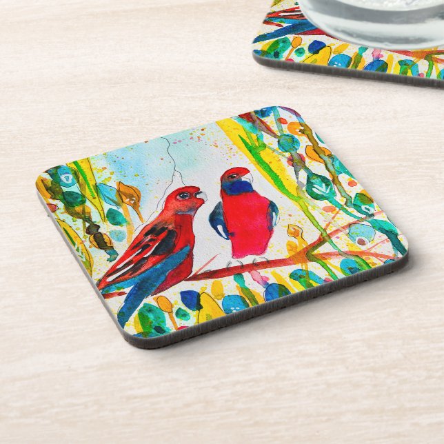 Rosella birds in tree watercolor art beverage coaster (Left Side)