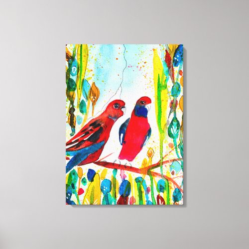 Rosella birds in tree watercolor art canvas print