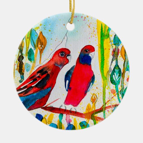 Rosella birds in tree watercolor art ceramic ornament