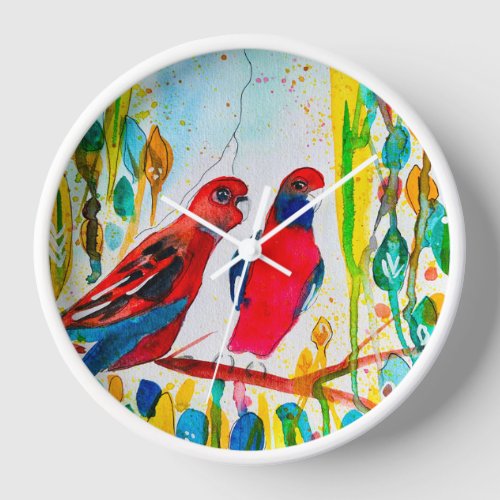 Rosella birds in tree watercolor art clock