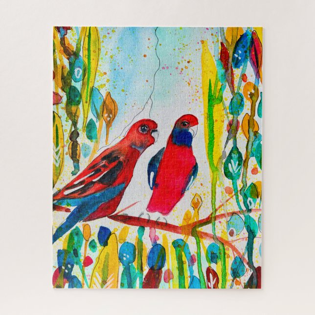 Rosella birds in tree watercolor art jigsaw puzzle (Vertical)