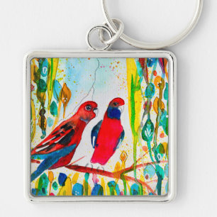 Rosella birds in tree watercolor art keychain