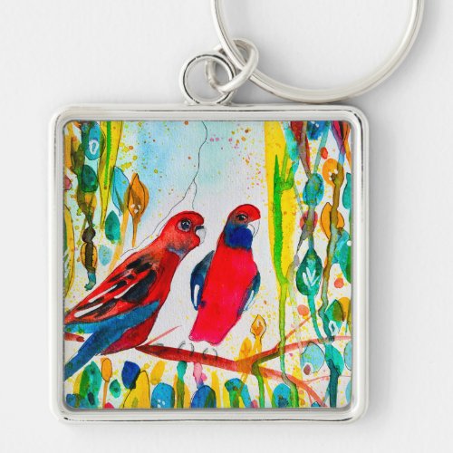 Rosella birds in tree watercolor art keychain