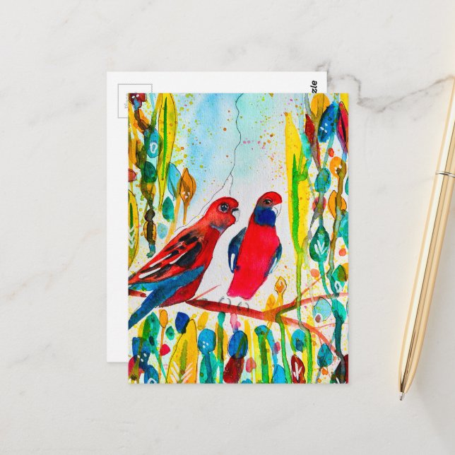 Rosella birds in tree watercolor art postcard (Front/Back In Situ)