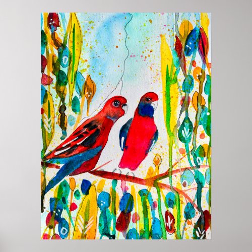 Rosella birds in tree watercolor art poster