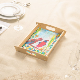 Rosella birds in tree watercolor art serving tray