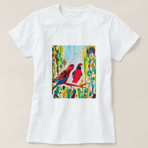 Rosella birds in tree watercolor art T_Shirt