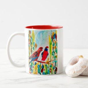 Rosella birds in tree watercolor art Two-Tone coffee mug