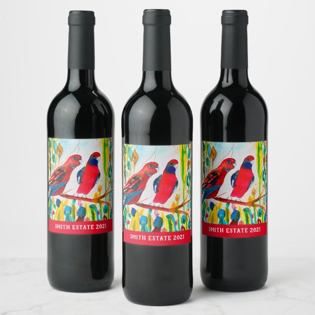 Rosella birds in tree watercolor art wine label (Bottles)