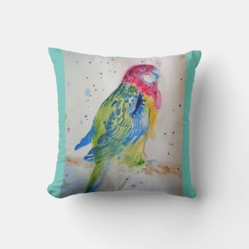 Rosella Parrot bird art Watercolor Cushion Aqua