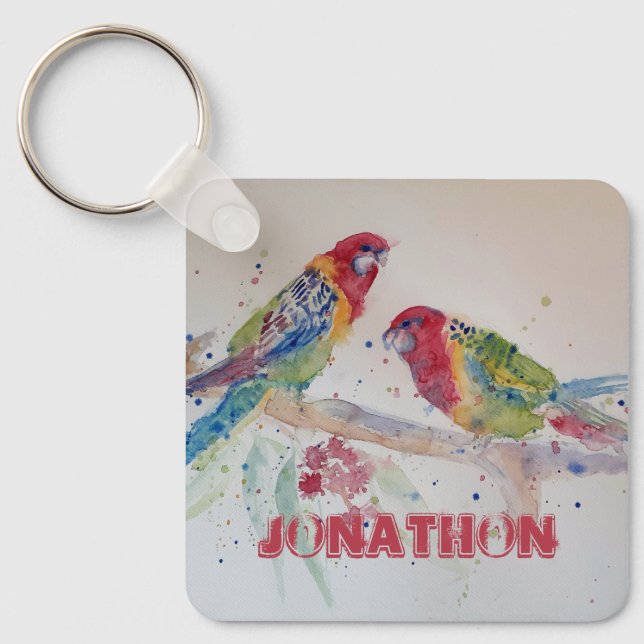 Rosella Parrot Bird Watercolor Boys Name Key Ring (Front)