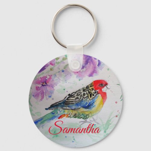Rosella Parrot Bird Watercolor Girls Name Key Ring