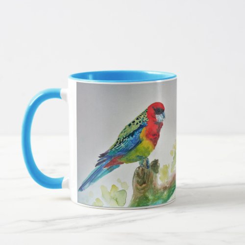 Rosella Parrot on branch Watercolour Mug Blue