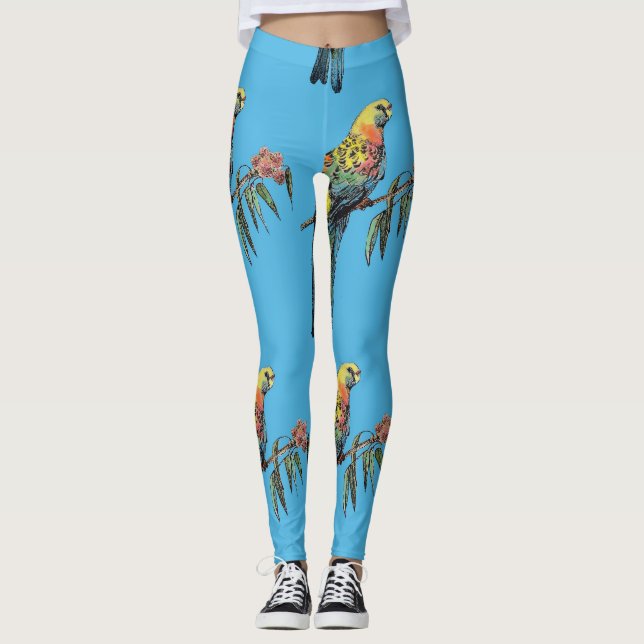 Rosella Parrot Watercolor Blue Bird Leggings (Front)