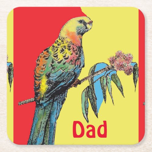 Rosella Parrot Watercolor Dad father Name Square Paper Coaster