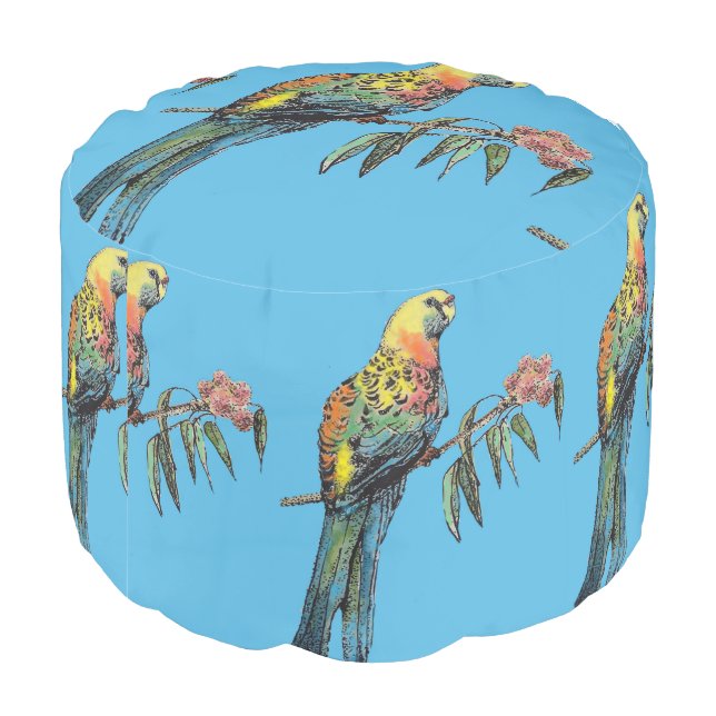 Rosella Parrot Watercolor Teal Bird Pouf Pouffe (Angled Back)