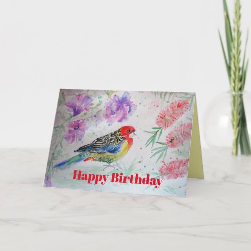 Rosella Parrot with Red Bottlebrush Birthday Card
