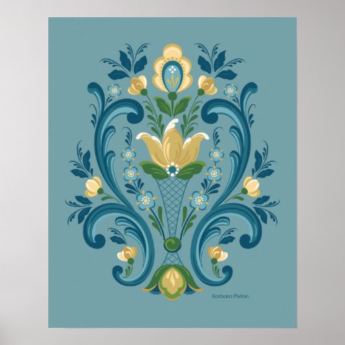 Rosemaling Blue and Gold Poster