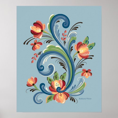 Rosemaling Blue and Red Poster
