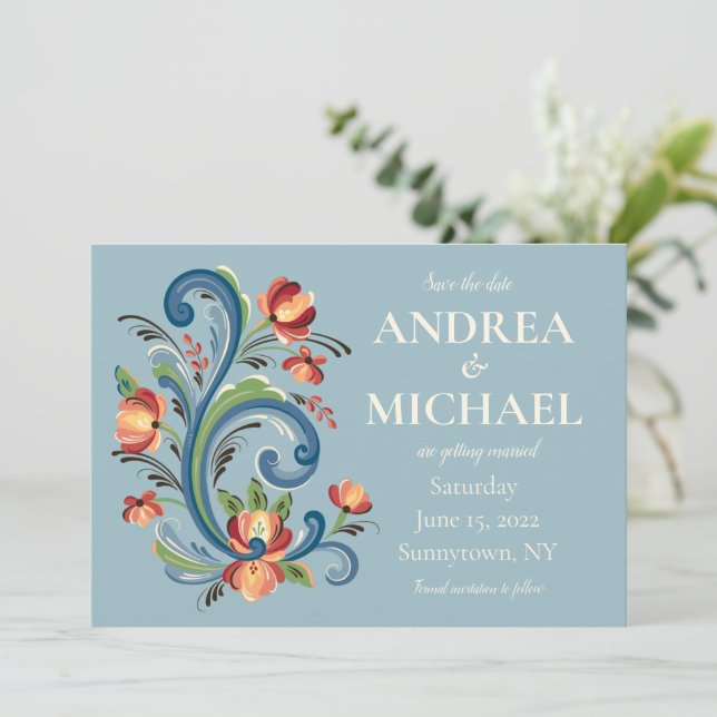 Rosemaling Blue and Red Save the Date Invitation (Standing Front)