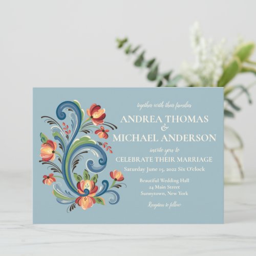 Rosemaling Blue and Red Wedding Invitation