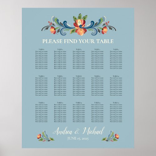 Rosemaling Blue and Red Wedding Seating Chart