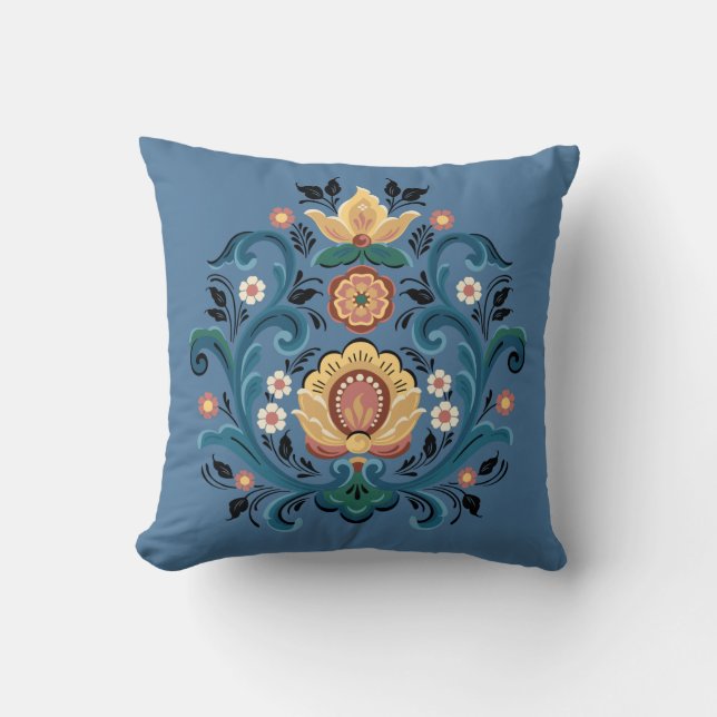 Rosemaling Gold and Burgundy Throw Pillow (Front)