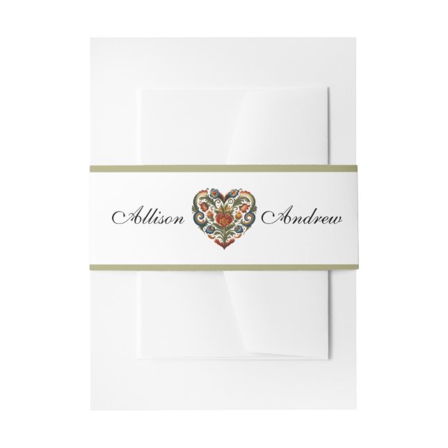Rosemaling Heart | Norwegian Folk Art Invitation Belly Band (Front Example)