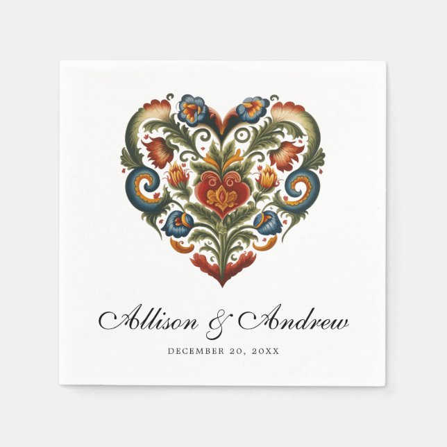 Rosemaling Heart | Norwegian Folk Art Napkins (Front)