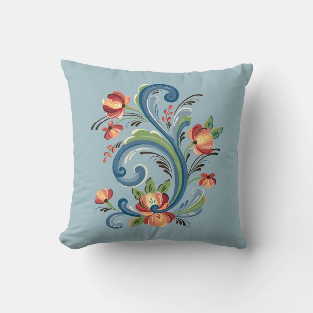 Rosemaling in Blue and Red Throw Pillow (Front)