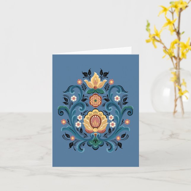 Rosemaling in Gold and Burgundy Greeting Card (Yellow Flower)