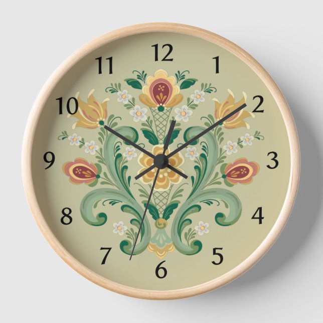 Rosemaling in Green and Gold Clock (Front)