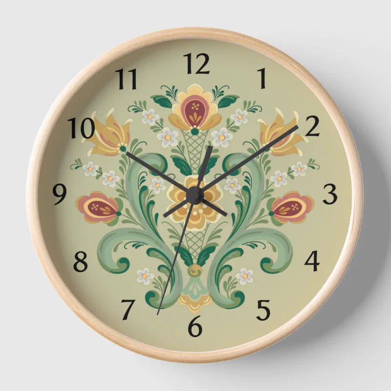 Rosemaling in Green and Gold Clock (Front)