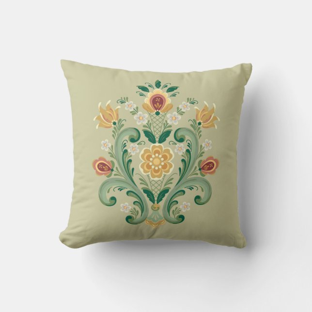 Rosemaling in Green and Gold Throw Pillow (Front)