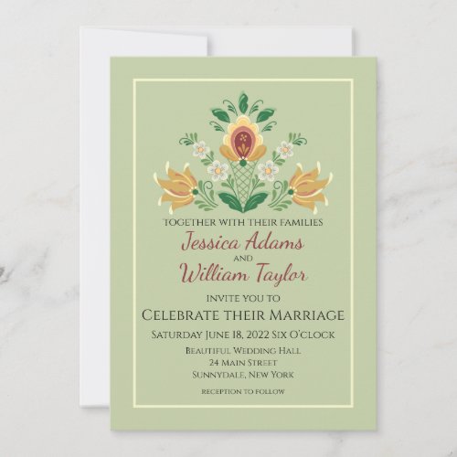 Rosemaling in Green and Gold Wedding Invitation