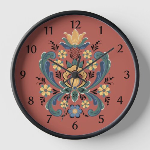 Rosemaling in Red and Gold Clock