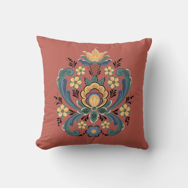 Rosemaling in Red and Gold Throw Pillow (Front)