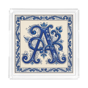 Rosemaling Monogram Prussian Blue Acrylic Tray