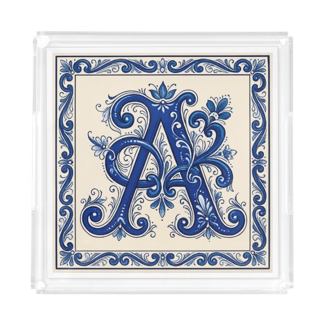 Rosemaling Monogram Prussian Blue Acrylic Tray (Front)