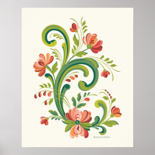 Rosemaling Red and Pink Poster
