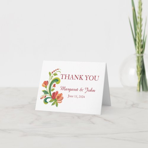 Rosemaling Red and Pink Thank You Card