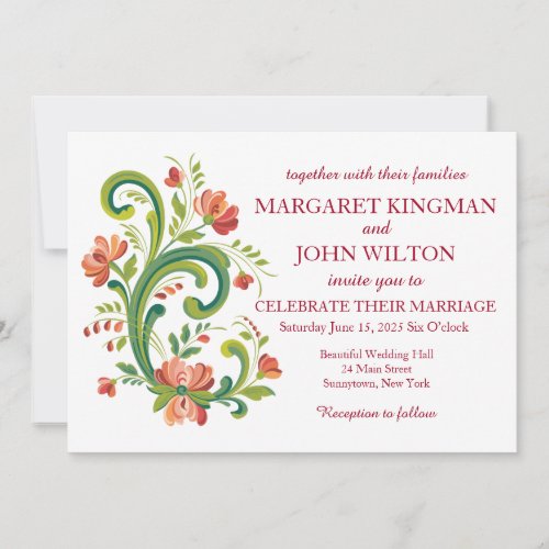 Rosemaling Red and Pink Wedding Invitation