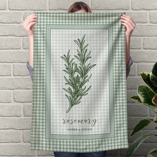 Rosemary Herb Kitchen Towel – Green Gingham Border (Rosemary Herb Kitchen Towel – Green Gingham Border)