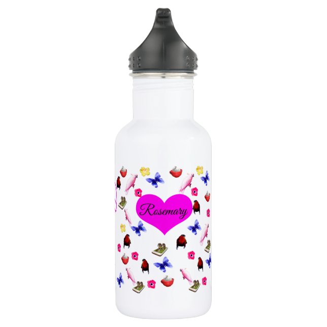 Rosemary, Name, With Bunnies, Butterflies, Birds, Stainless Steel Water Bottle (Right)