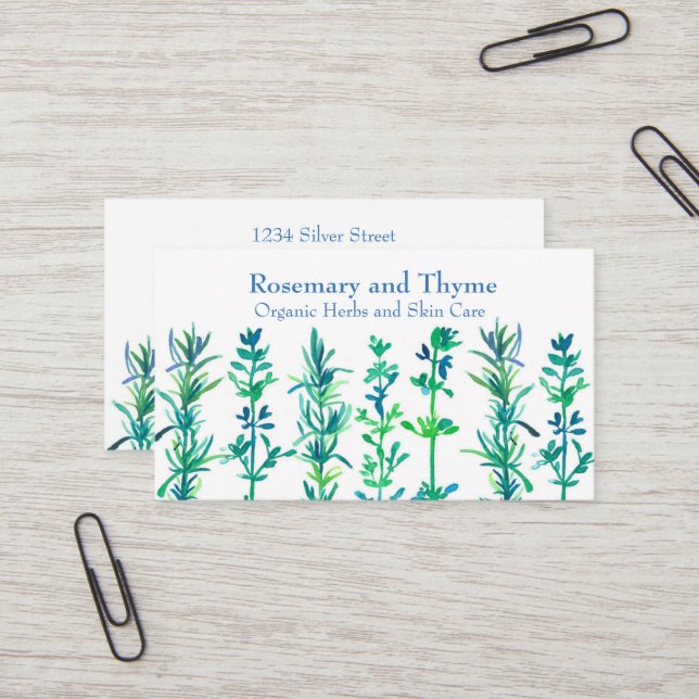 Rosemary Thyme Bee Watercolor Herbs Business Card (Front/Back In Situ)