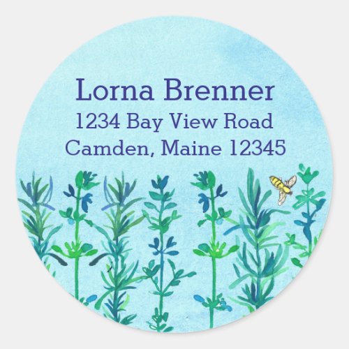 Rosemary Thyme Bee Watercolor Herbs Return Address Classic Round Sticker