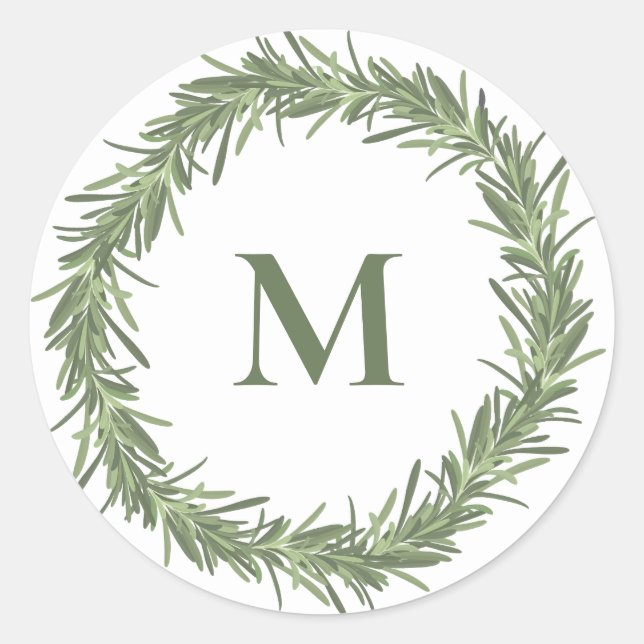 Rosemary wreath monogram Christmas/holiday Classic Round Sticker (Front)